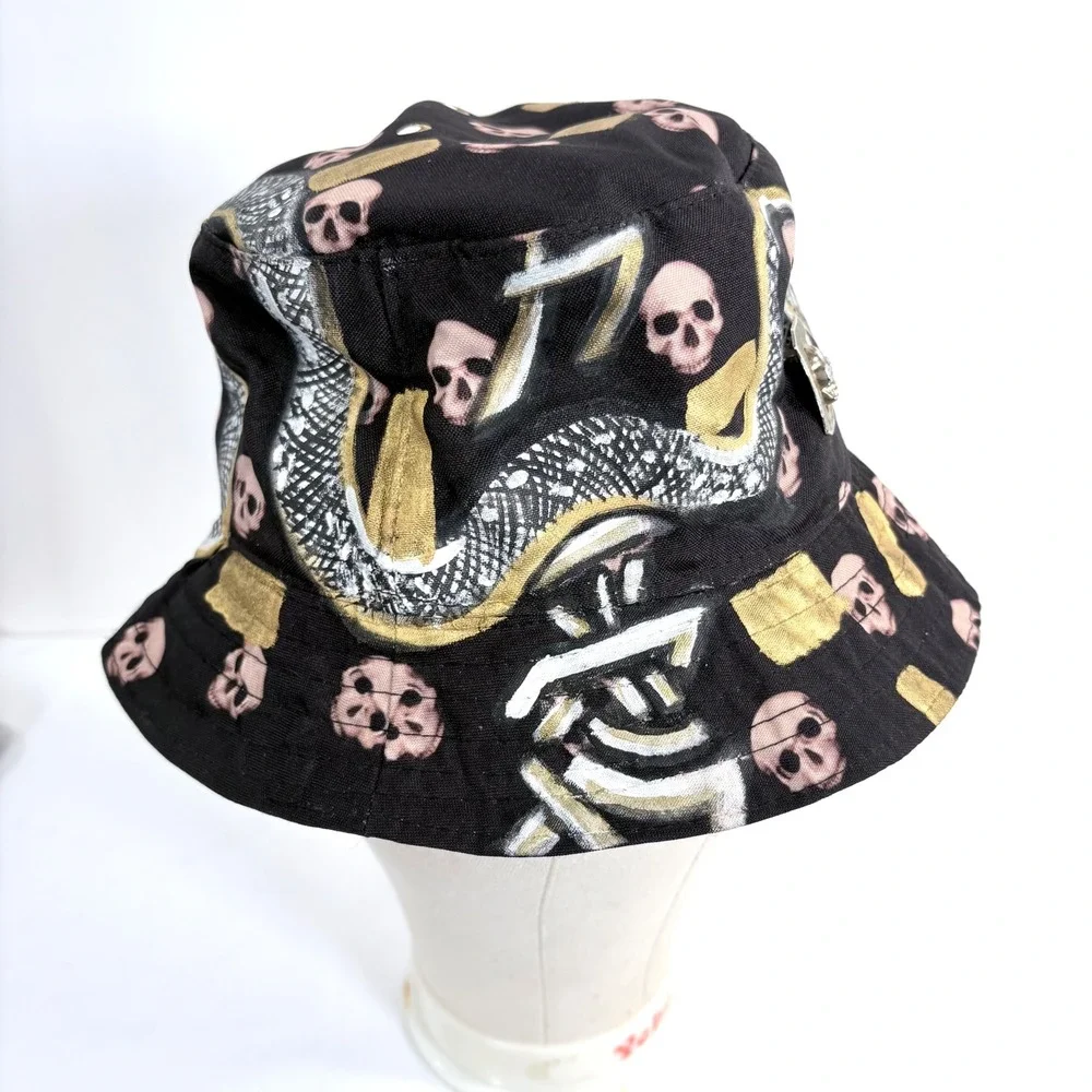 Labios De Ojo Bucket Hat Black Hand Painted Skull Snake Custom Edgy Streetwear